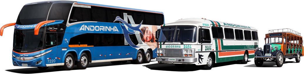 Montagem institucional com gerações de veículos da Andorinha, incluindo uma jardineira e ônibus posteriores